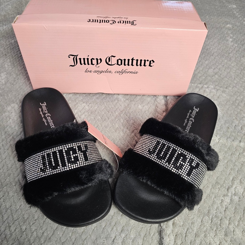 Juicy Couture Black Faux Fur Crystal Logo Slide Sandals
